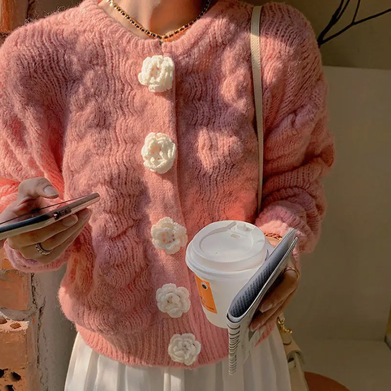 Deeptown Korejski Stil Kawaii Pink Pletene Kardigan Džemper Ženski Sa Cvijećem Na Zakopčane Bež Kardigan Dugih Rukava Zimske Plave Slatka Kaput Slika 4