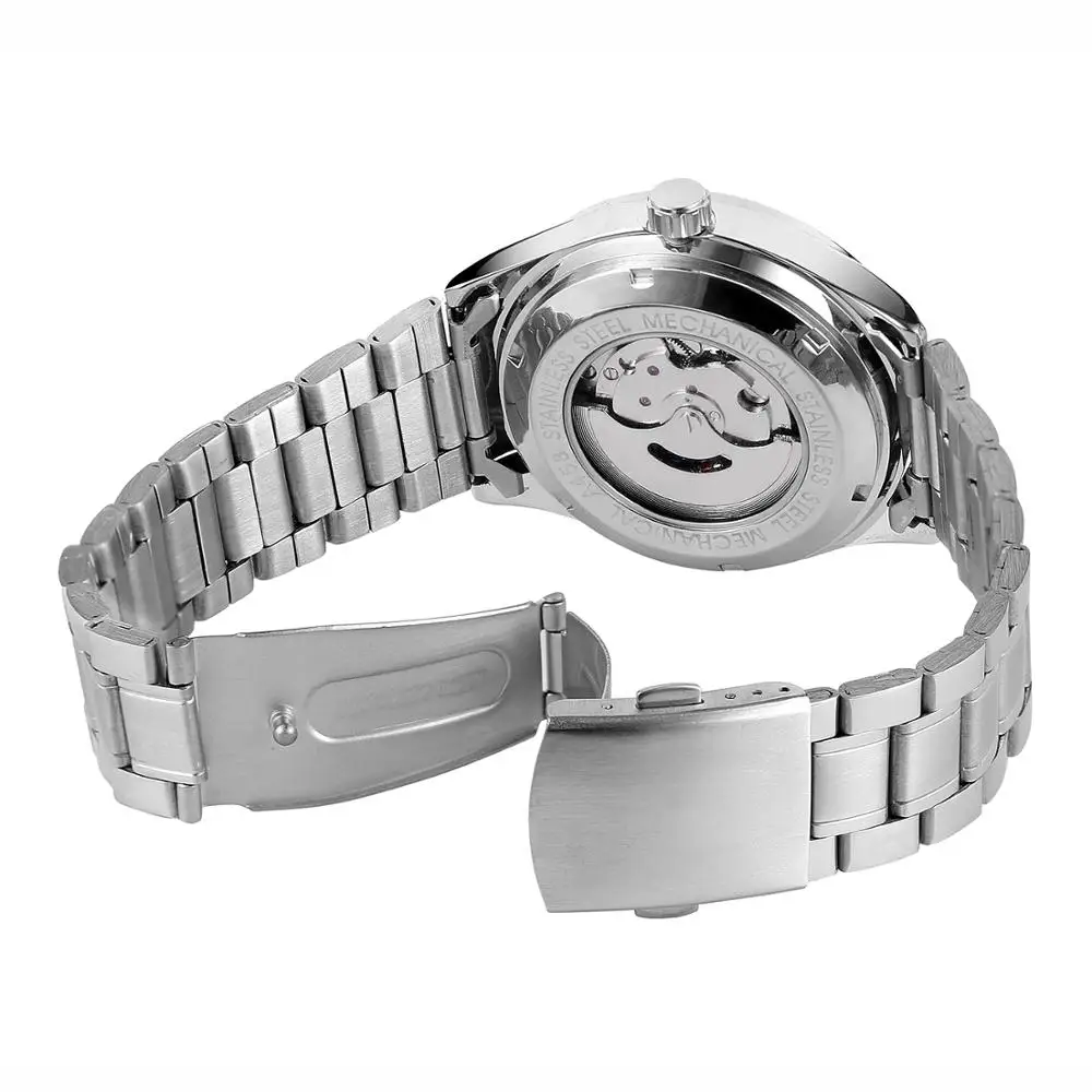Modni jednostavne muške i ženske satove T-WINNER s remenom od nehrđajućeg Čelika, black Dial, Automatski mehanički sat Slika 3