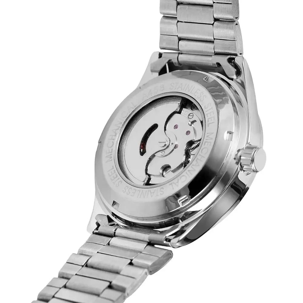 Modni jednostavne muške i ženske satove T-WINNER s remenom od nehrđajućeg Čelika, black Dial, Automatski mehanički sat Slika 4
